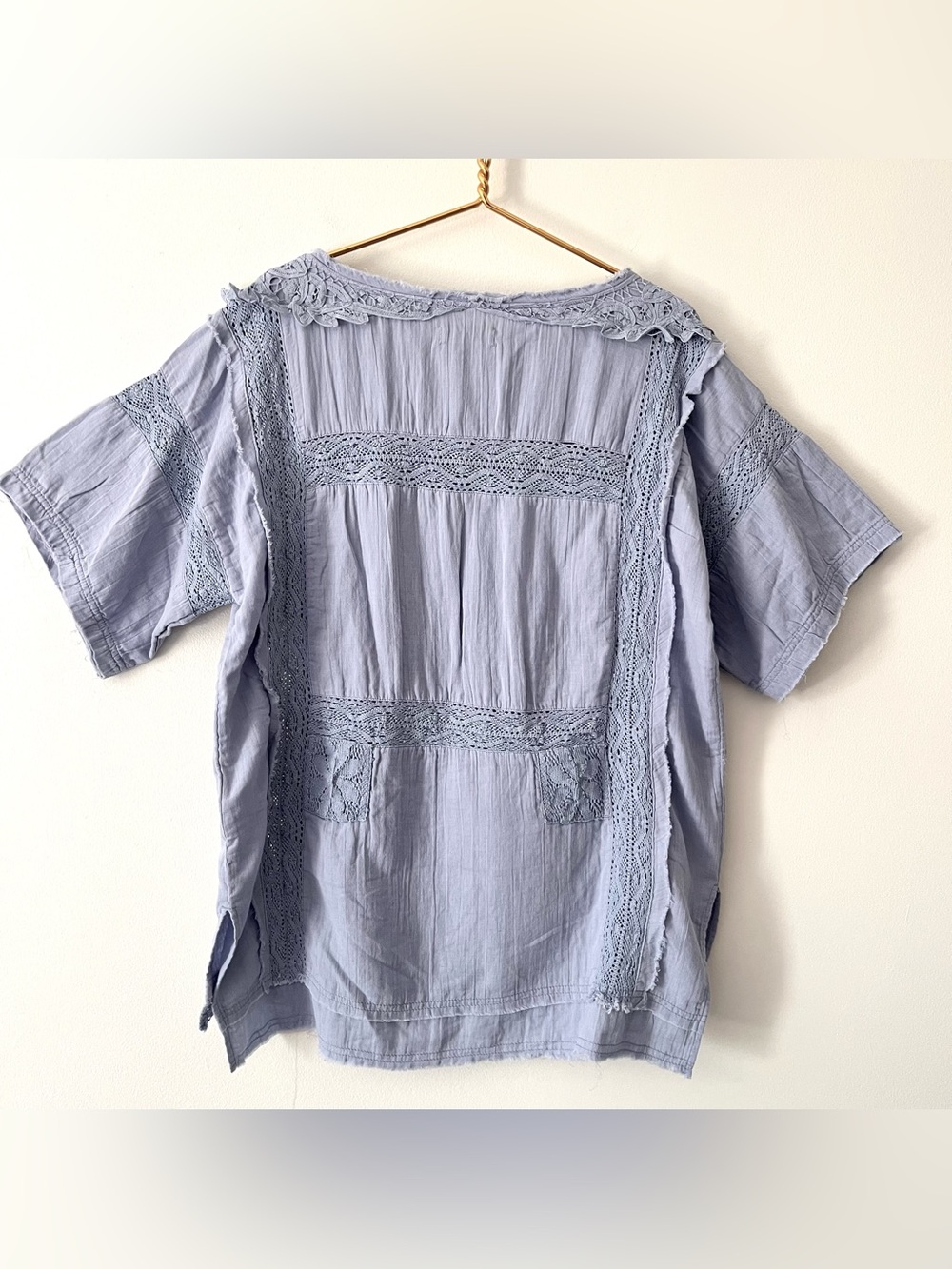 We the Free Rustic  Romance Boho Short Sleeve Lace Top in Dusty Blue Oversized M - Picture 10 of 15